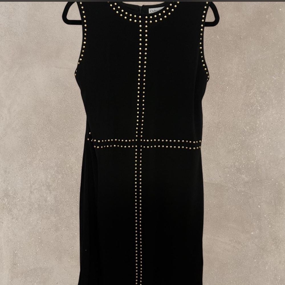 Carmen Marc Valvo Black and Gold Studded Mini Dress